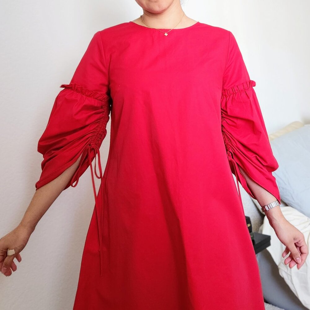 Red Parachute Trapeze Dress with Bow Tie Sleeves | S